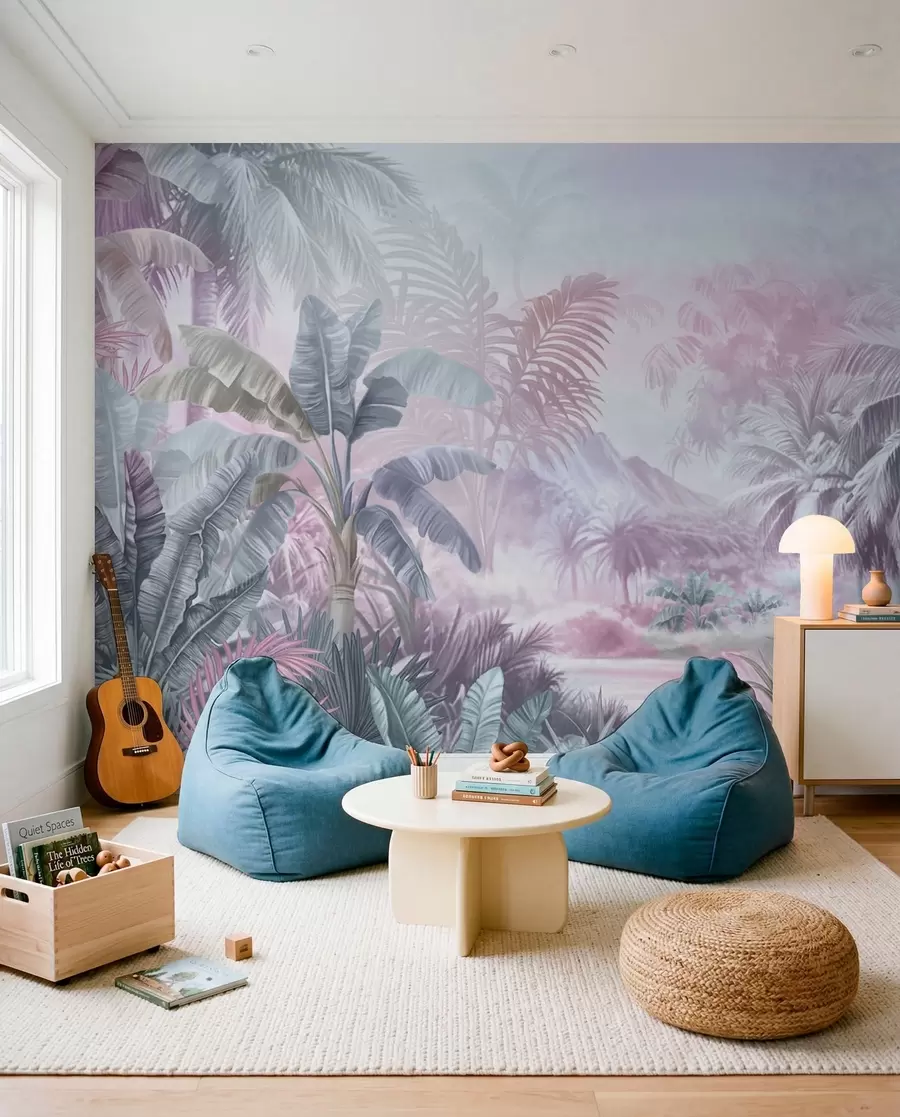 peintures murales Forêt tropicale dans des tons bleus et roses doux w01931v2