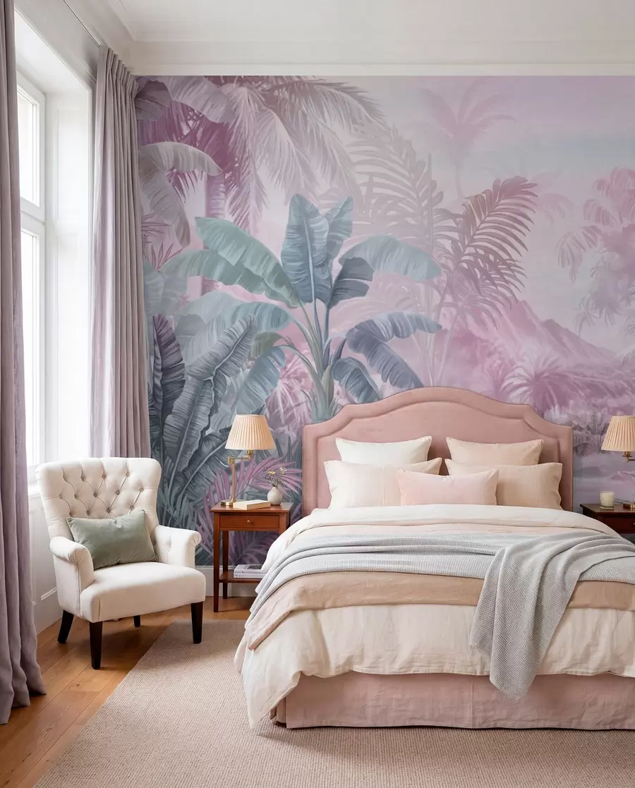 wall murals Rainforest in soft pink tones w01931v3
