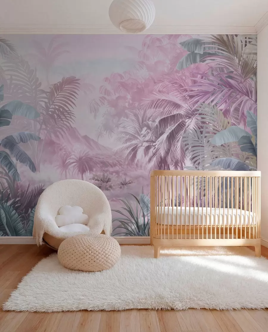 peintures murales Forêt tropicale dans des tons roses doux w01931v3