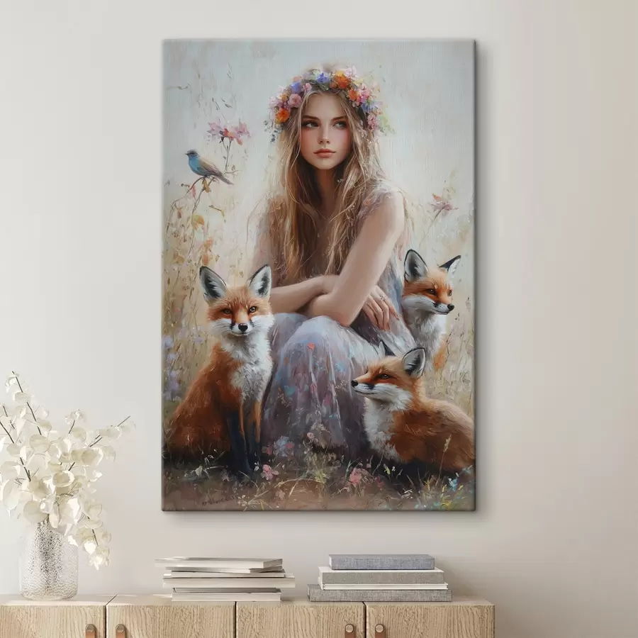 murales Niña en el prado, animales salvajes, zorros, pájaros, corona floral s41451