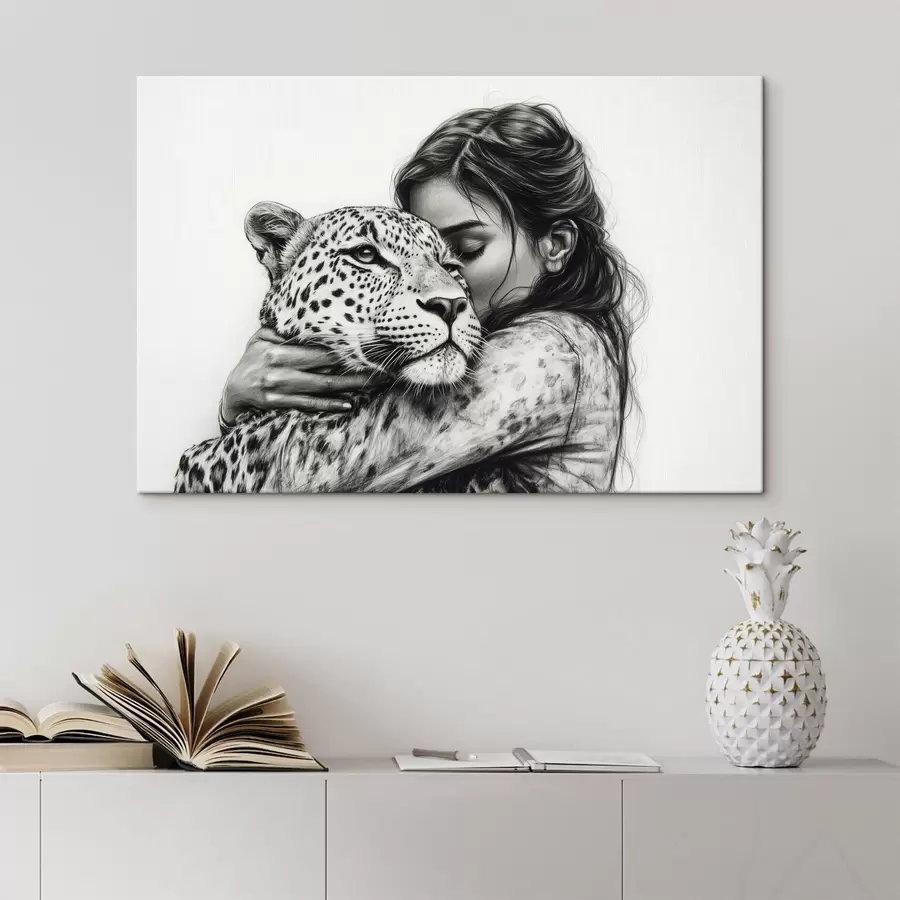 murales Mujer con leopardo, animales salvajes, dibujo a lápiz, blanco y negro s41455