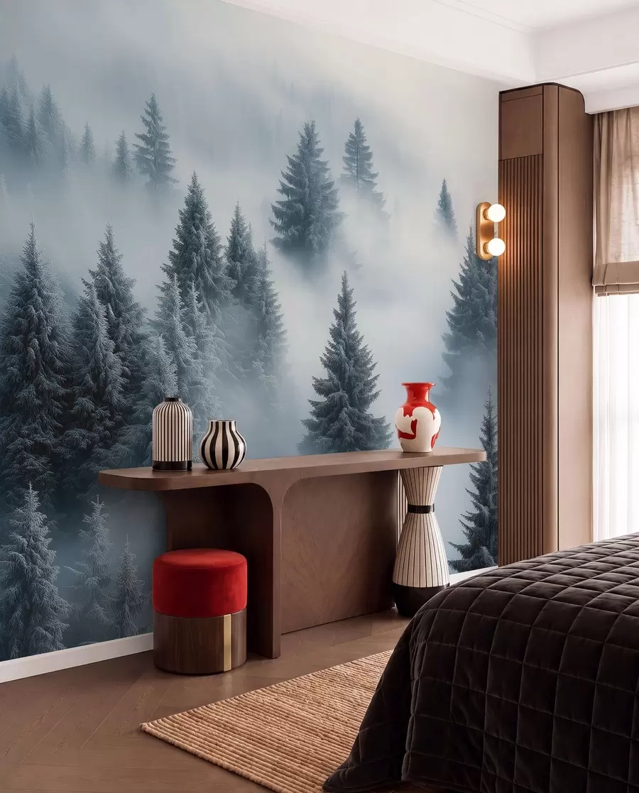 Wall Mural Photo Wallpaper Thick fog enveloping a snowy morning forest in shades of blue w02064