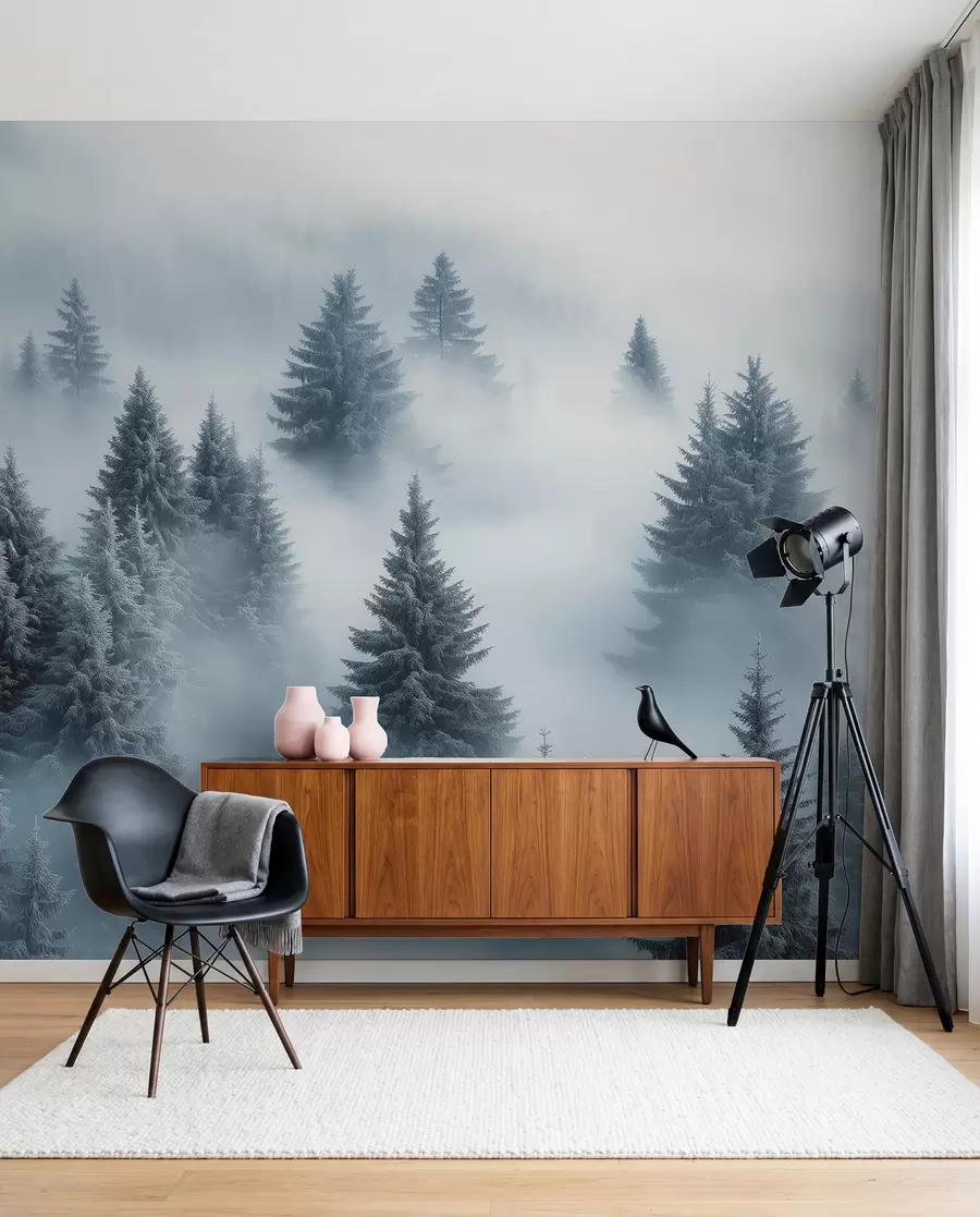 peintures murales Brouillard épais enveloppant une forêt matinale enneigée dans des tons bleus w02064