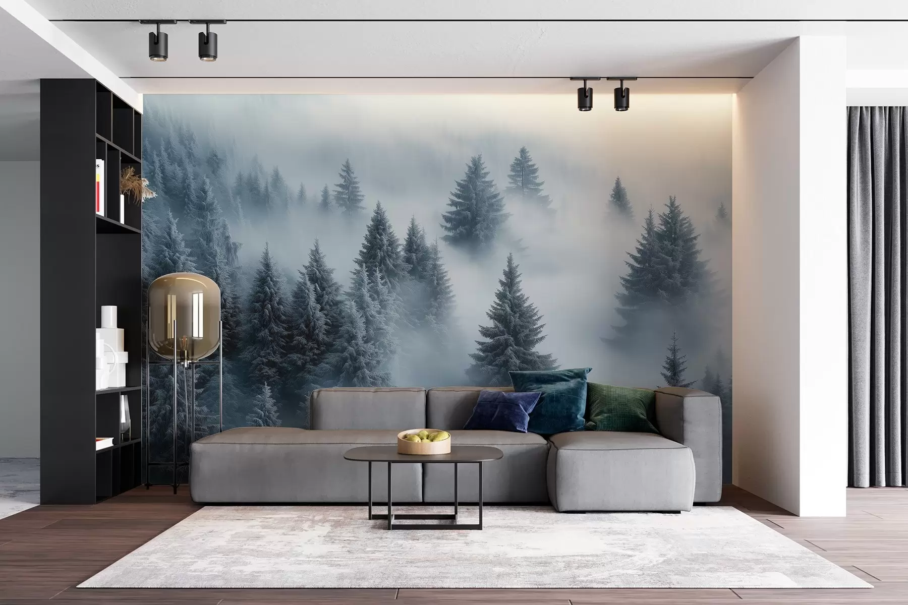 peintures murales Brouillard épais enveloppant une forêt matinale enneigée dans des tons bleus w02064