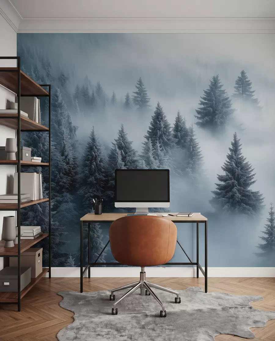 Wall Mural Photo Wallpaper Thick fog enveloping a snowy morning forest in shades of blue w02064