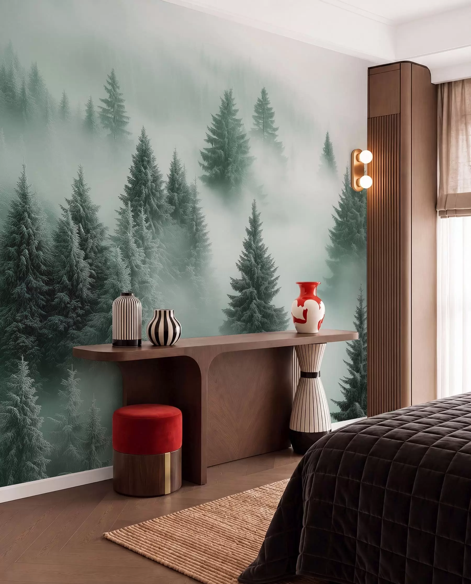 wall murals Thick fog enveloping a snowy morning forest in shades of green w02064v1
