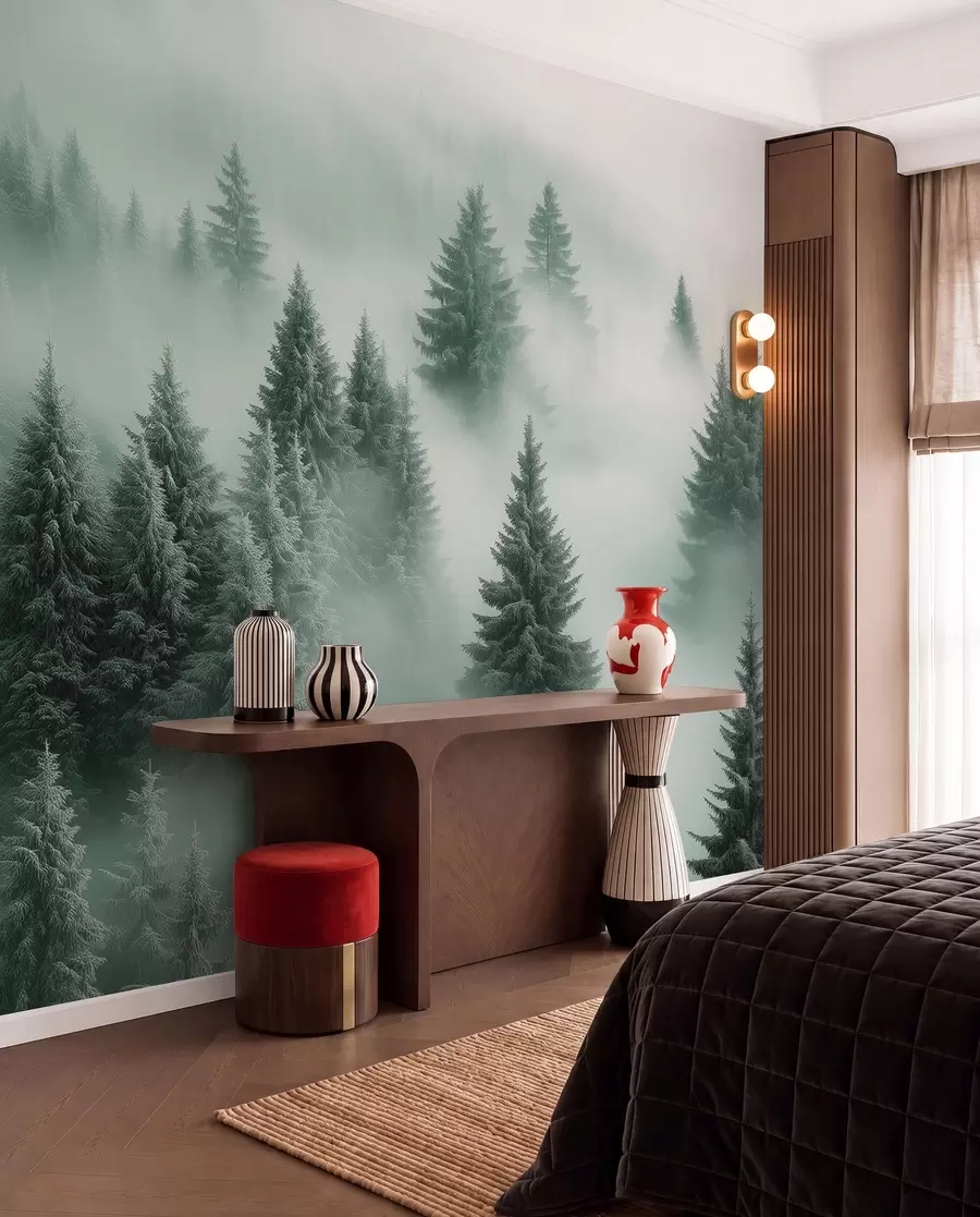 wall murals Thick fog enveloping a snowy morning forest in shades of green w02064v1