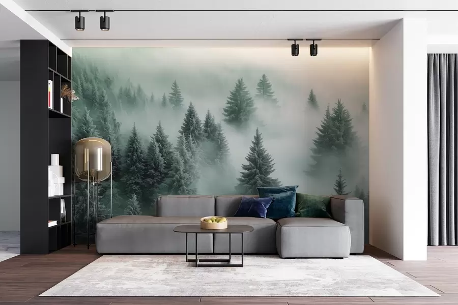 peintures murales Brouillard épais enveloppant une forêt enneigée du matin dans des tons de vert w02064v1