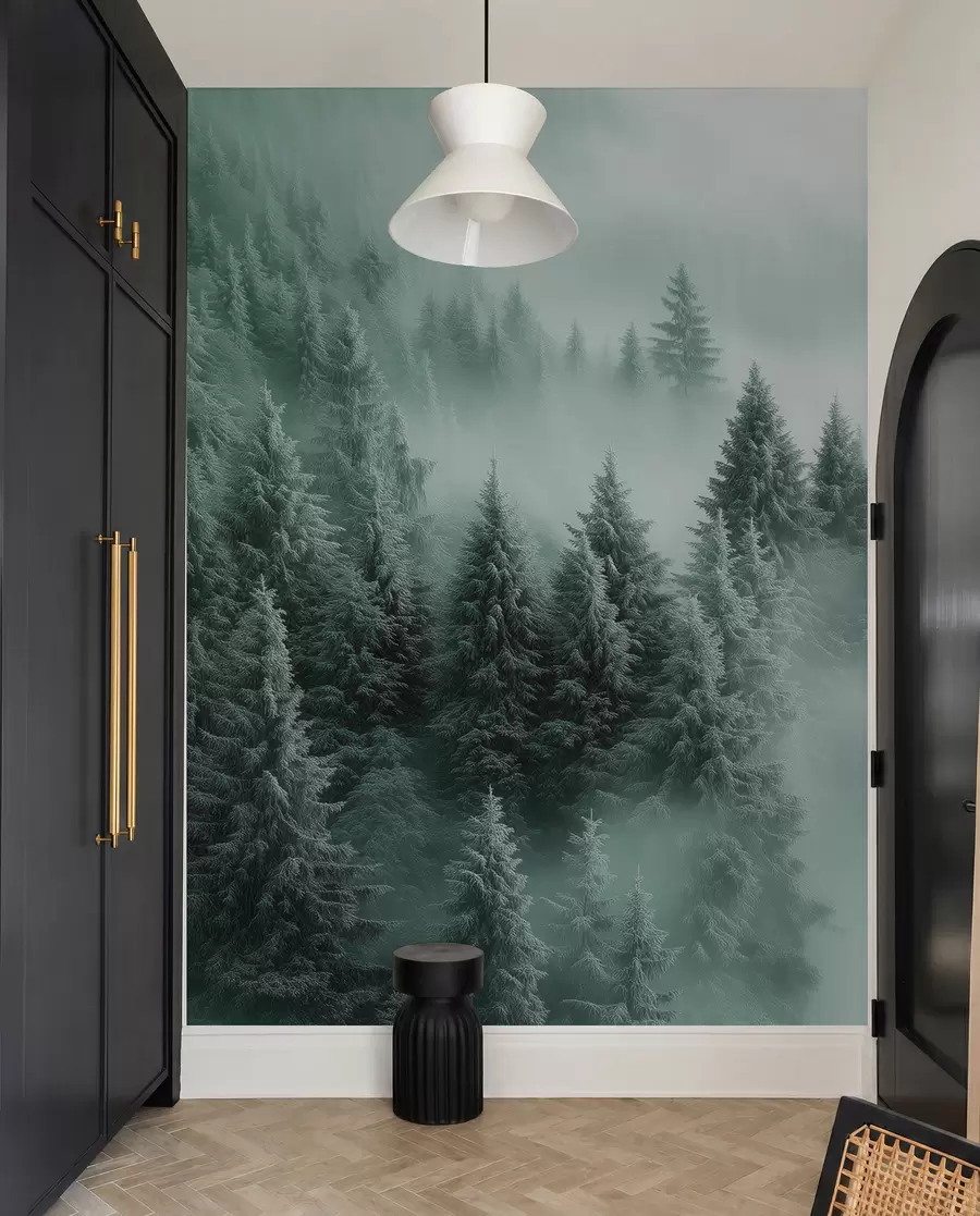 peintures murales Brouillard épais enveloppant une forêt enneigée du matin dans des tons de vert w02064v1
