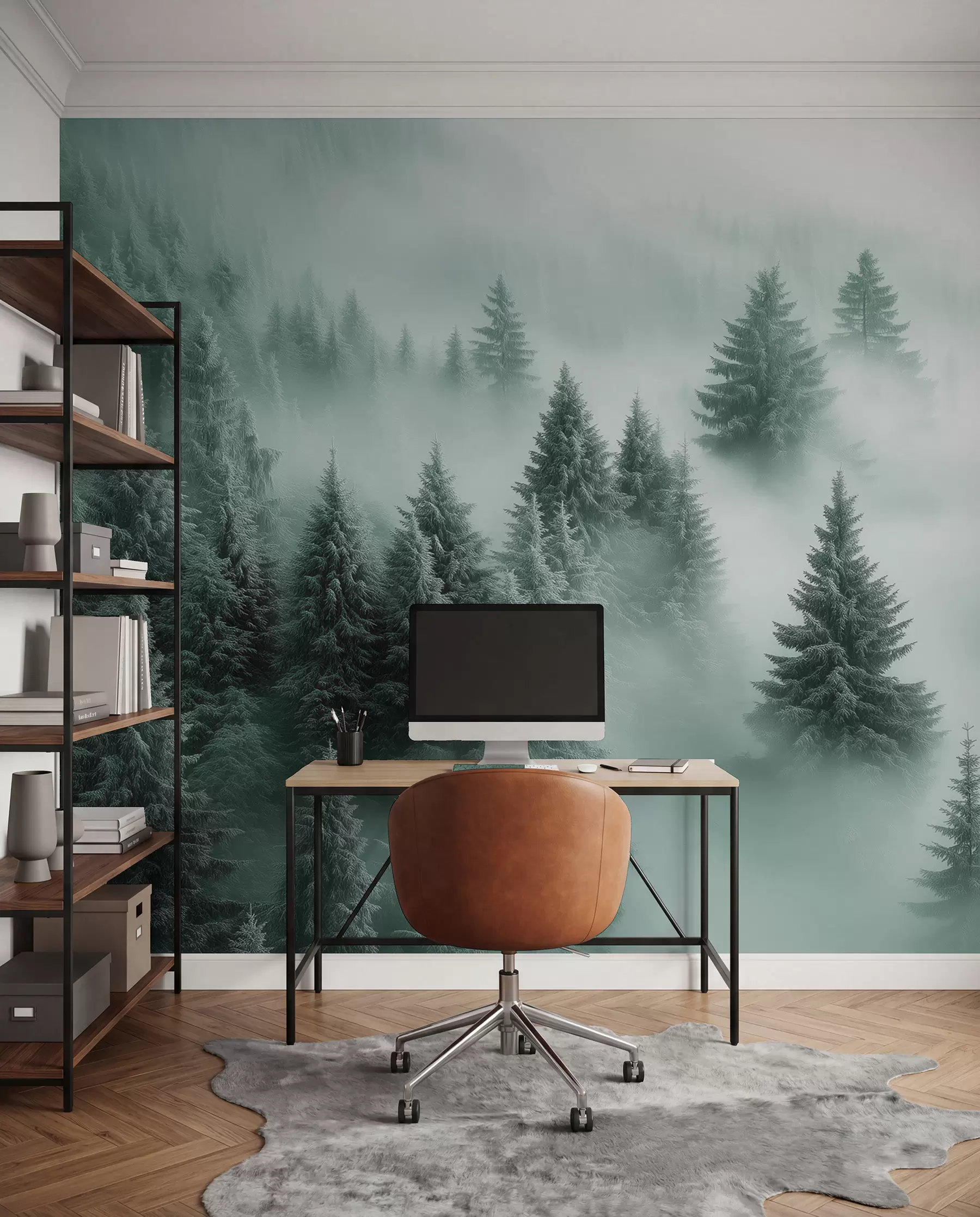 wall murals Thick fog enveloping a snowy morning forest in shades of green w02064v1