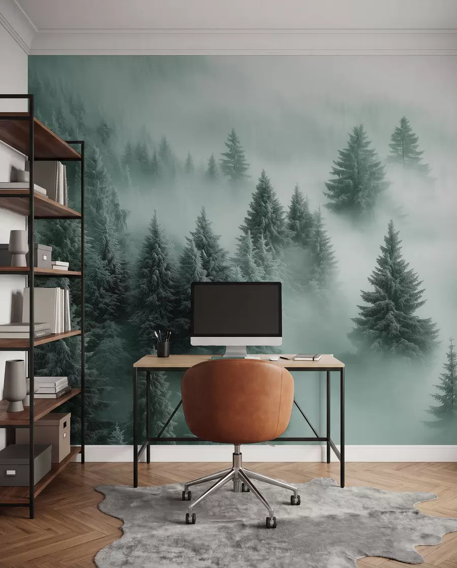 wall murals Thick fog enveloping a snowy morning forest in shades of green w02064v1