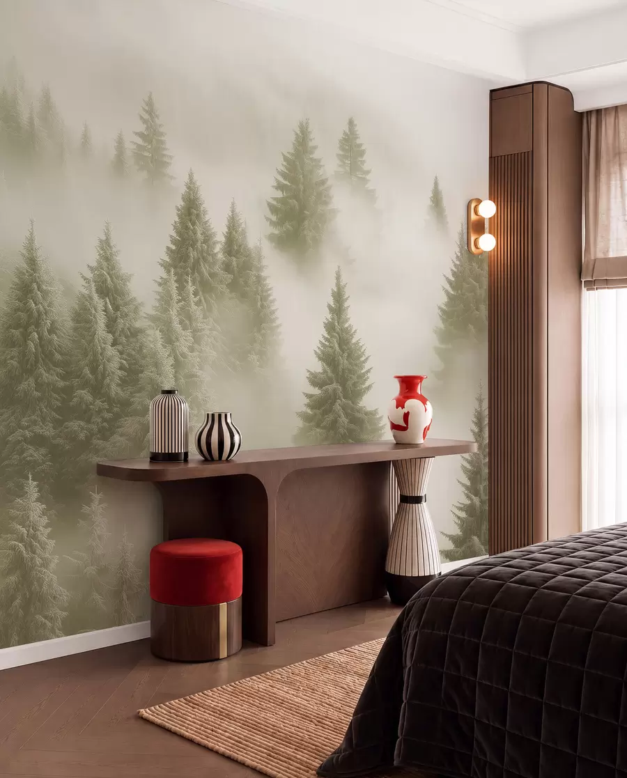 peintures murales Conifères dans la brume olive w02064v2