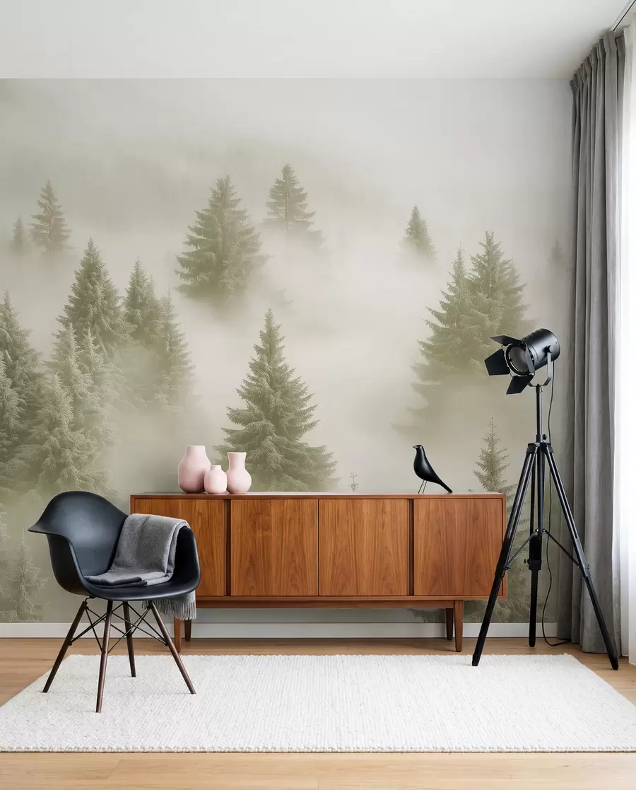 peintures murales Conifères dans la brume olive w02064v2