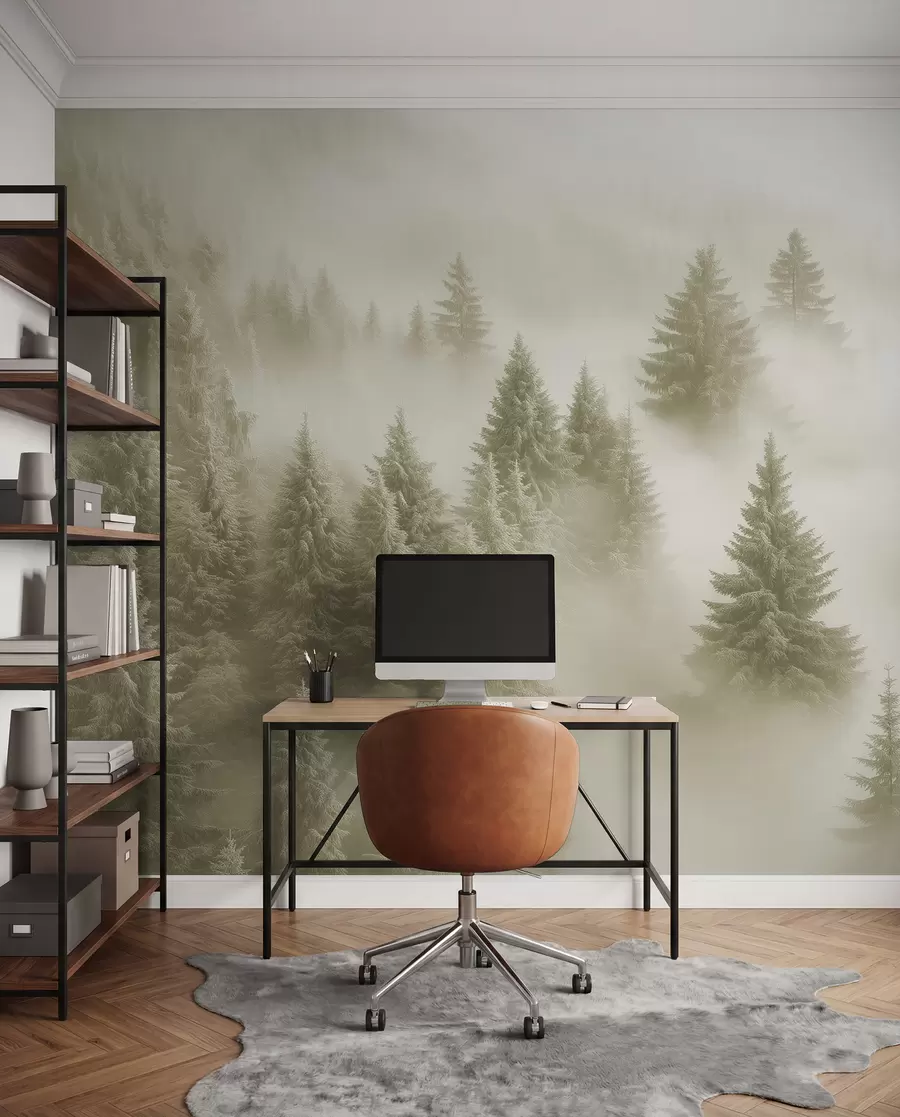 murales Espesa niebla que envuelve un bosque nevado por la mañana en suaves tonos verdes w02064v2