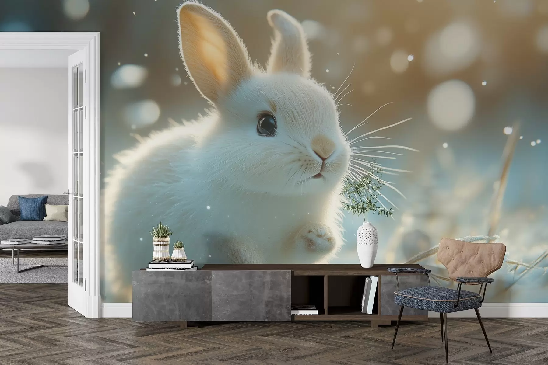 peintures murales Un joli lapin blanc courant dans la neige du matin w02066