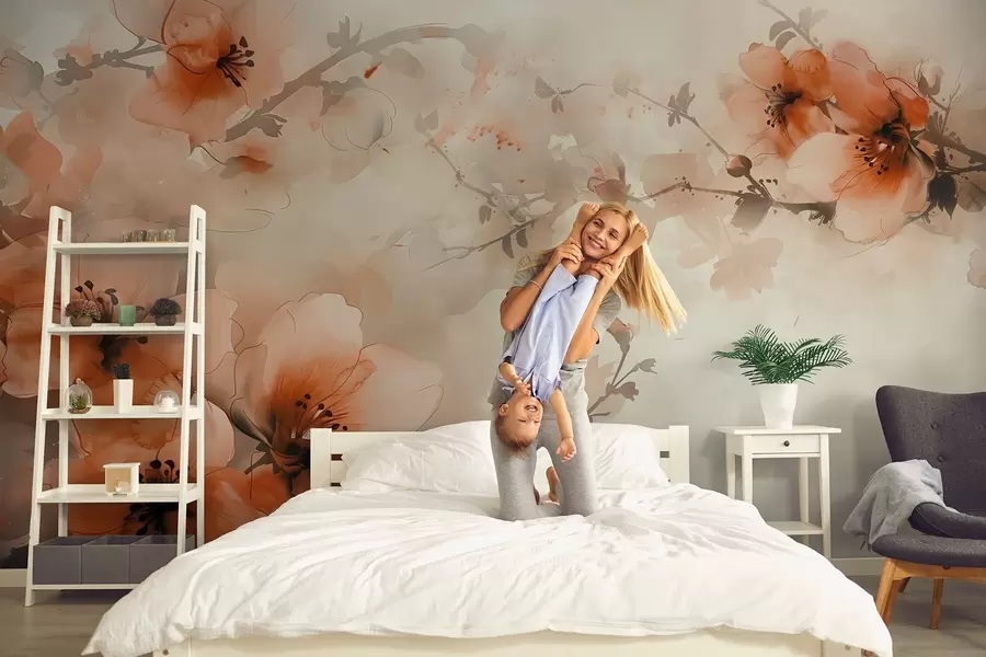 murales Composición en acuarela de flores en cálidos tonos melocotón y naranja w02068