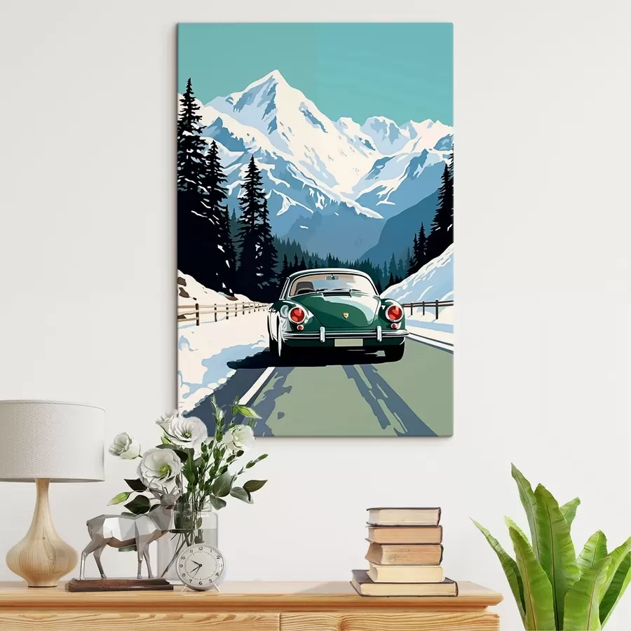 wall murals Retro car on winter mountain road s41478