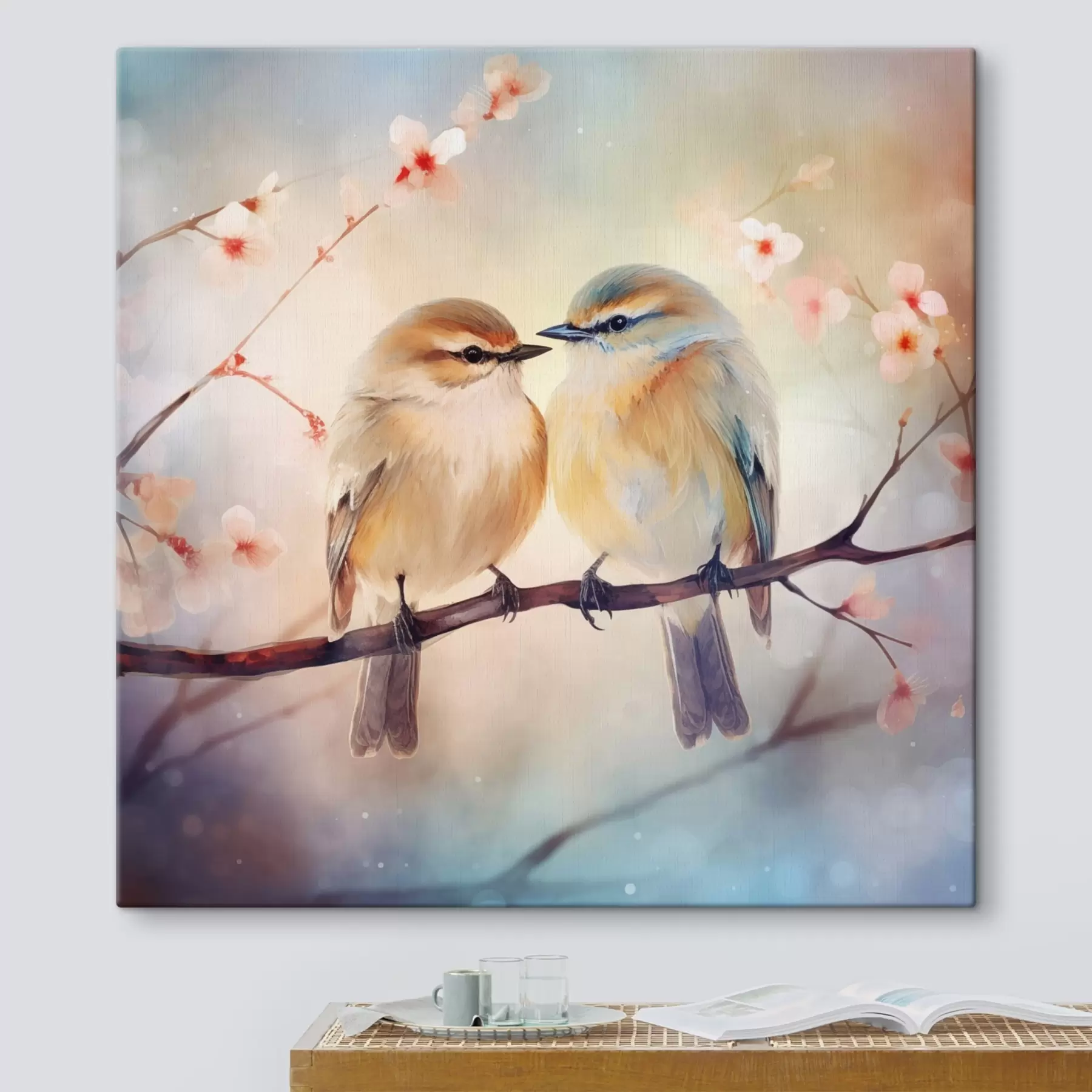 wall murals A pair of birds are sitting on a flowering branch s41476