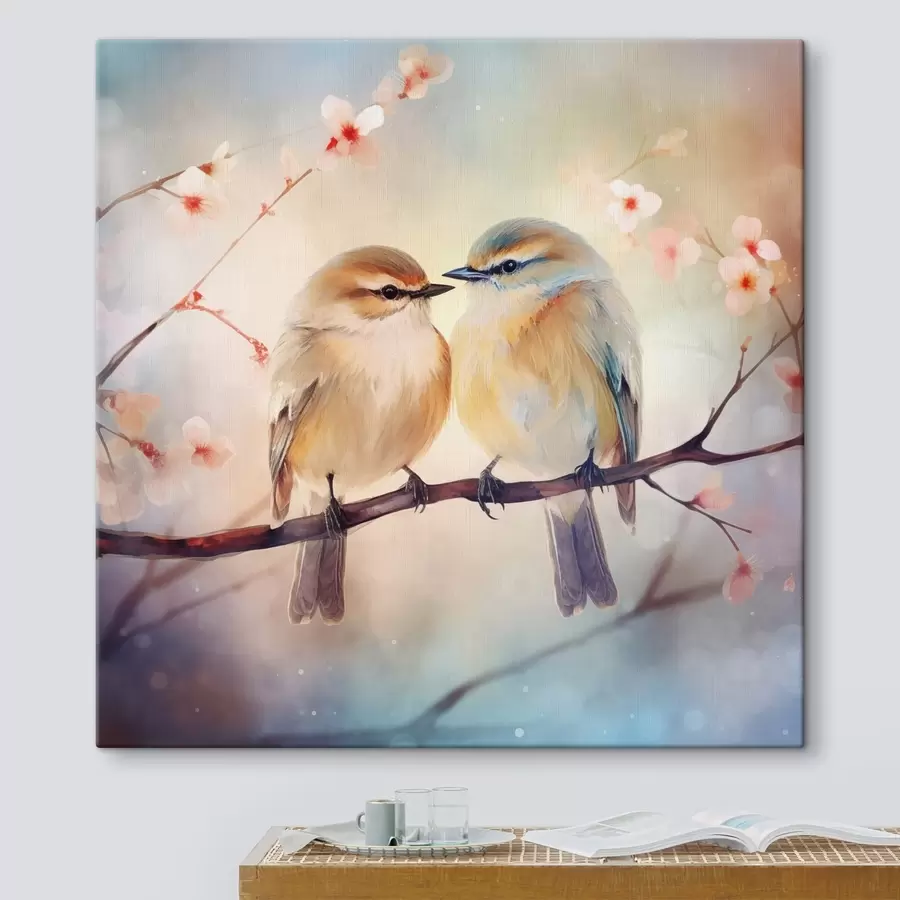wall murals A pair of birds are sitting on a flowering branch s41476