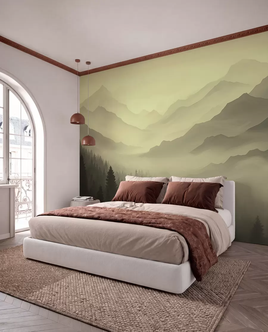 peintures murales Forêt et montagnes dans les tons verts w02186v1