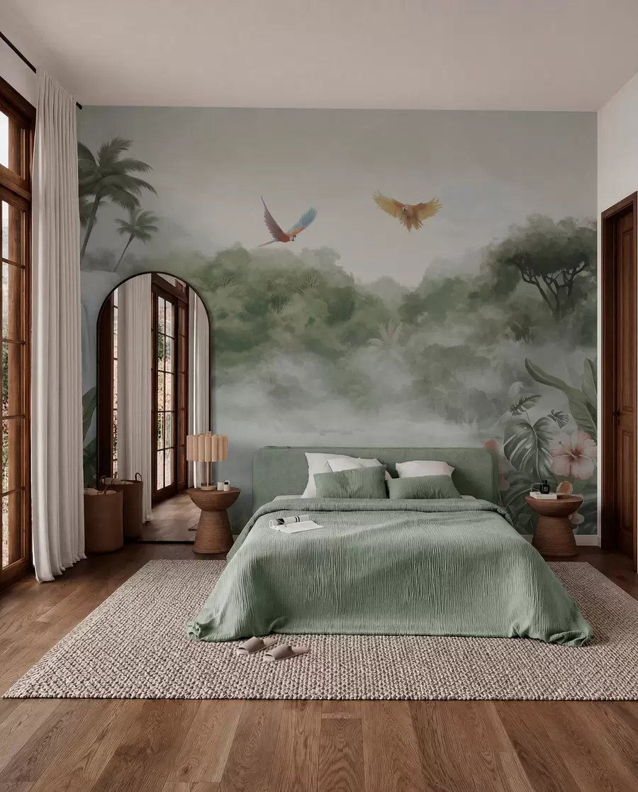 Wall Mural Photo Wallpaper Tropical landscape with waterfall, pond, flowers and birds w02127