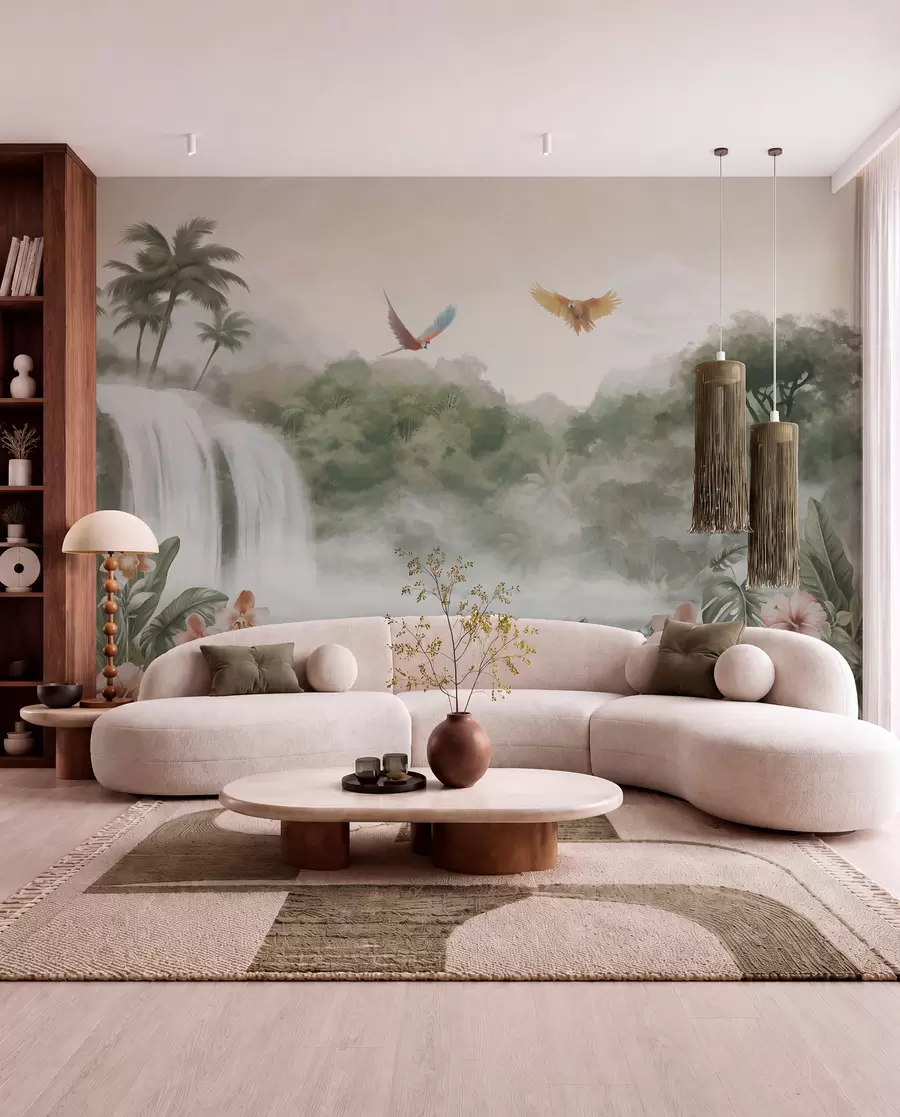 peintures murales Paysage tropical avec cascade, étang, fleurs et oiseaux w02127