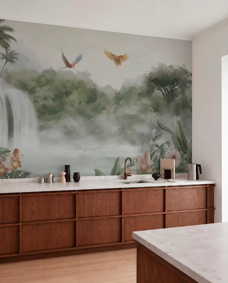 wall murals Tropical landscape with waterfall, pond, flowers and birds w02127