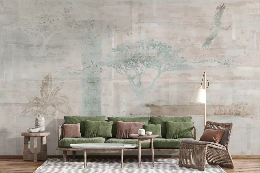 Wall Mural Photo Wallpaper Vintage grunge effect design with trees, eagle and geometric elements w02130