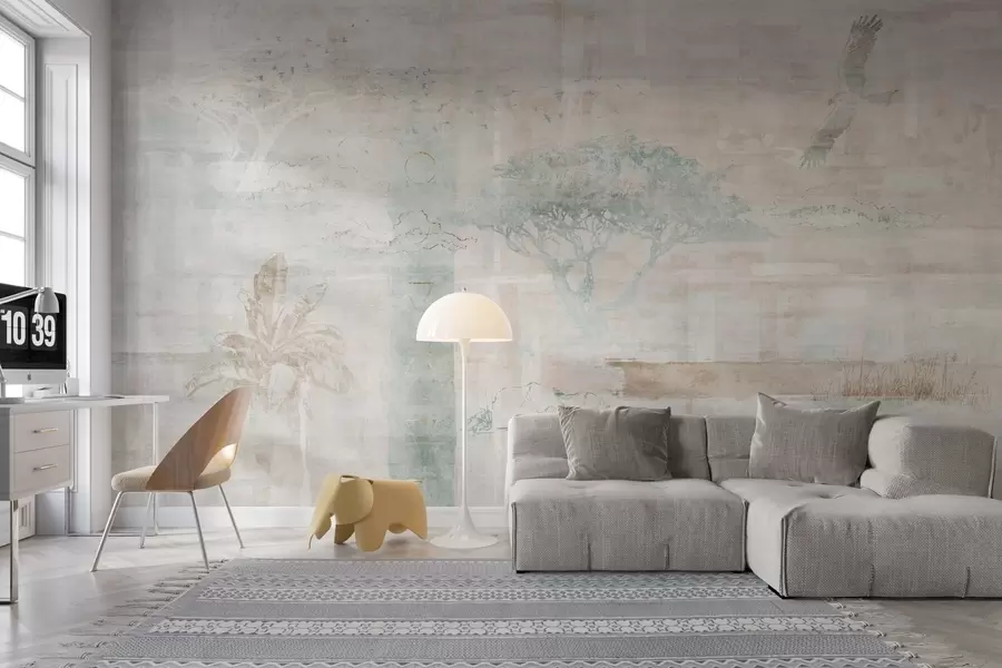 murales Diseño de efecto grunge vintage con árboles, águila y elementos geométricos w02130