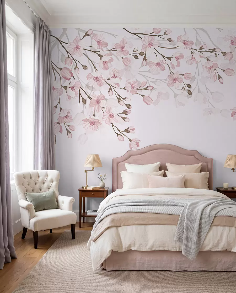 wall murals pink flowering branches on a pink background w02200