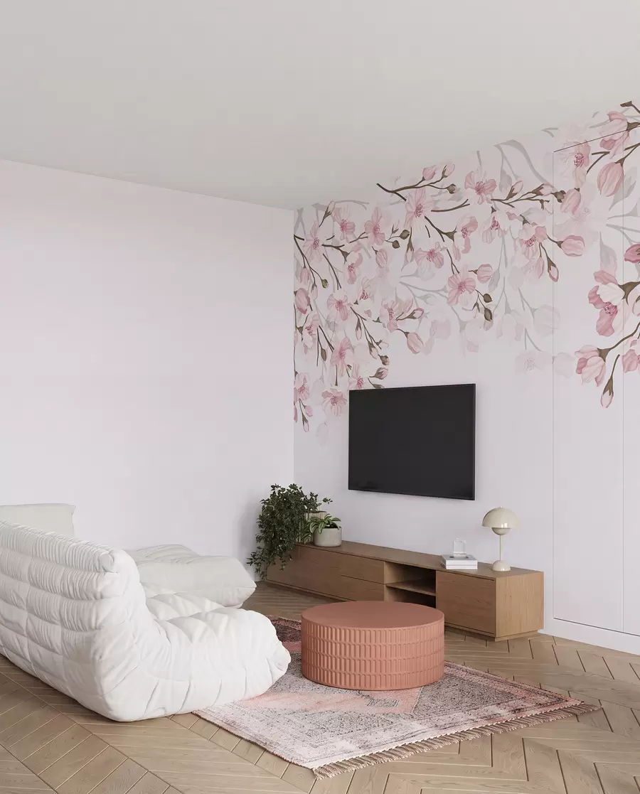 Wall Mural Photo Wallpaper pink flowering branches on a pink background w02200