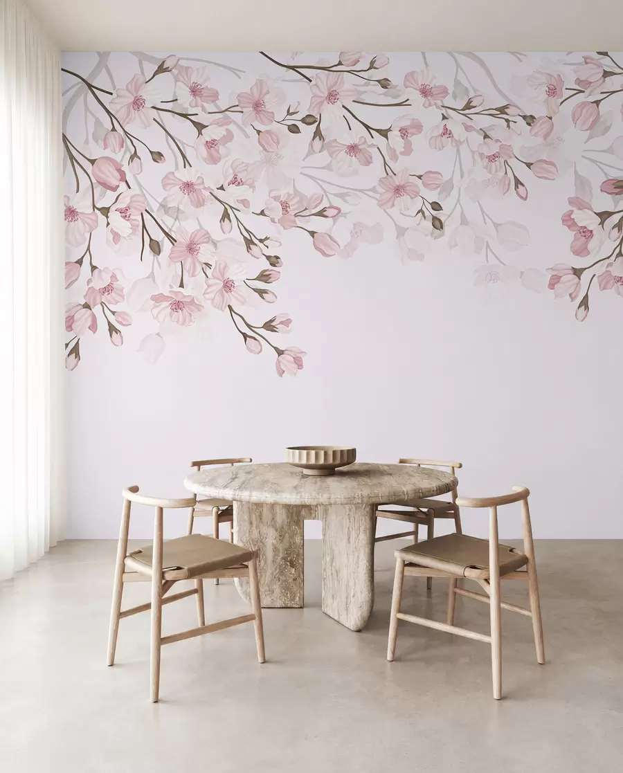 wall murals pink flowering branches on a pink background w02200