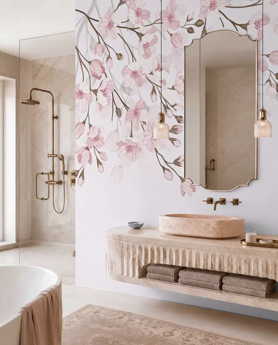 wall murals pink flowering branches on a pink background w02200