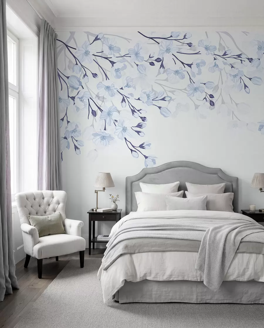 wall murals blue flowering branches on a blue background w02200v1