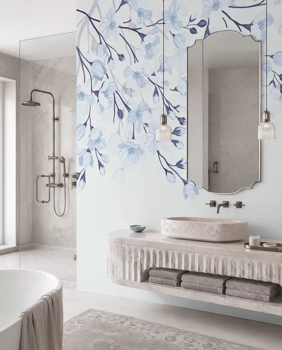 wall murals blue flowering branches on a blue background w02200v1