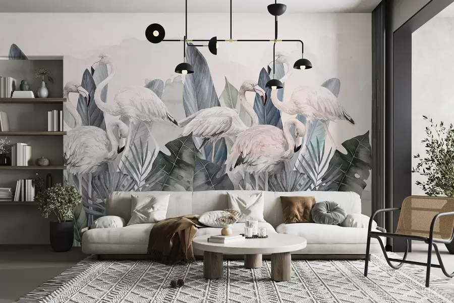murais de parede Flamingos elegantes entre uma folhagem luxuriante w00505v2