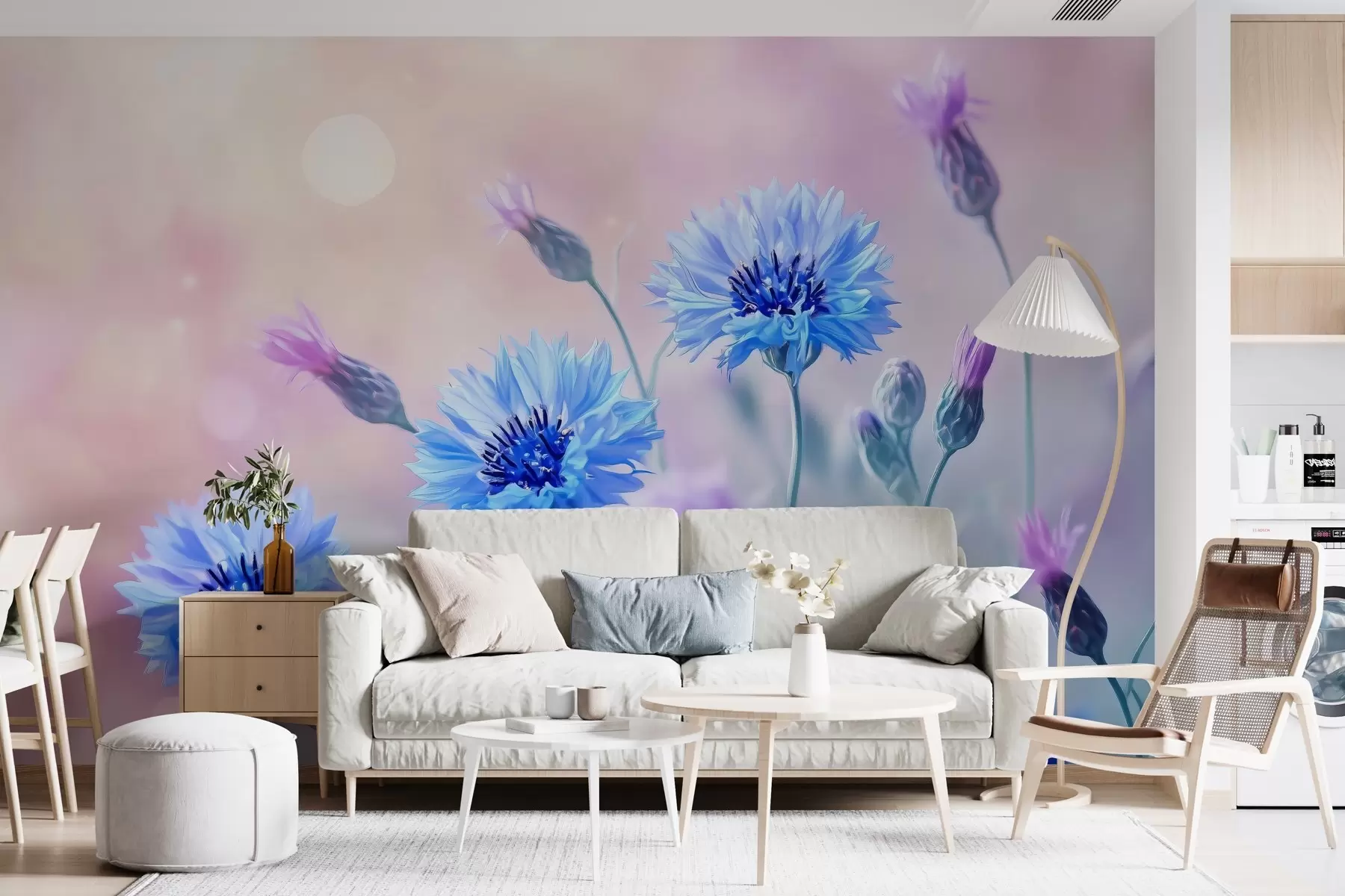 murales Grandes flores de aciano sobre fondo rosa pálido w02124