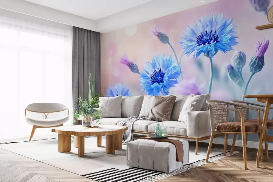 murales Grandes flores de aciano sobre fondo rosa pálido w02124