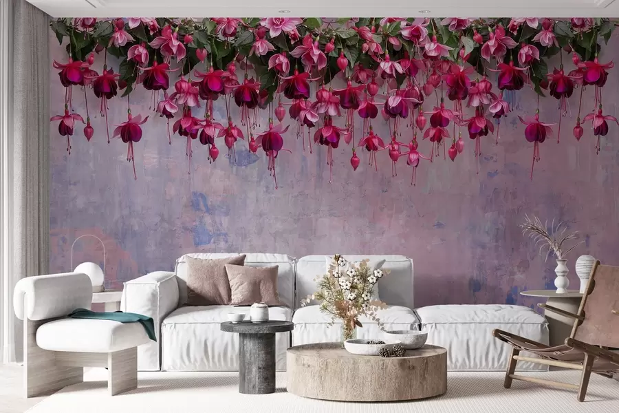 Wall Mural Photo Wallpaper Large fuchsia flowers hanging from above on the background of a retro wall with imitation of scuffs w02132