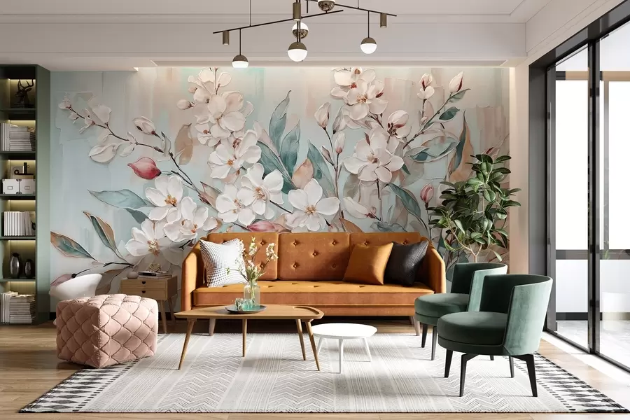 murales Floral de delicadas flores blancas con centros rosas, rodeadas de exuberantes hojas y ramas verdes w08399