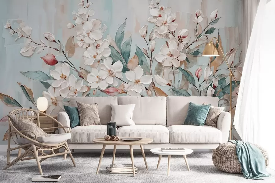 murales Floral de delicadas flores blancas con centros rosas, rodeadas de exuberantes hojas y ramas verdes w08399