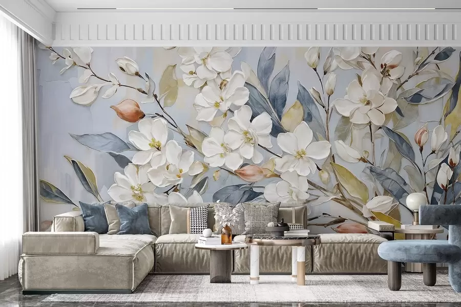 Wall Mural Photo Wallpaper Floral pastel delicate white flowers with yellow centers, surrounded by lush green leaves and branches w08399v1