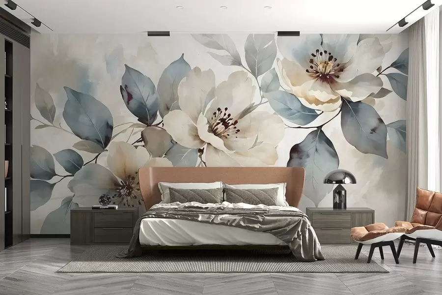 murales Delicado arreglo floral blanco y azul con textura de acuarela, con suaves pétalos y centros w08401