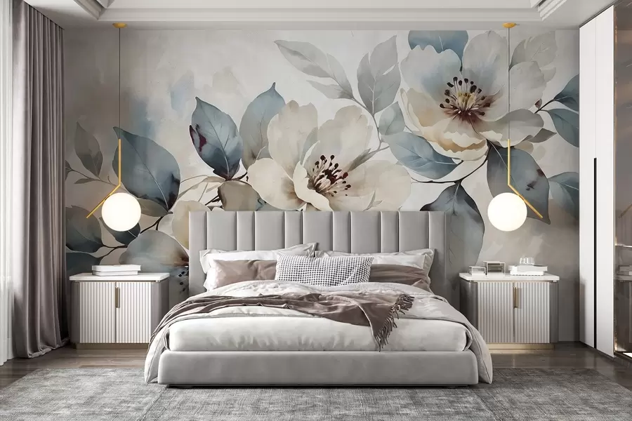 murales Delicado arreglo floral blanco y azul con textura de acuarela, con suaves pétalos y centros w08401