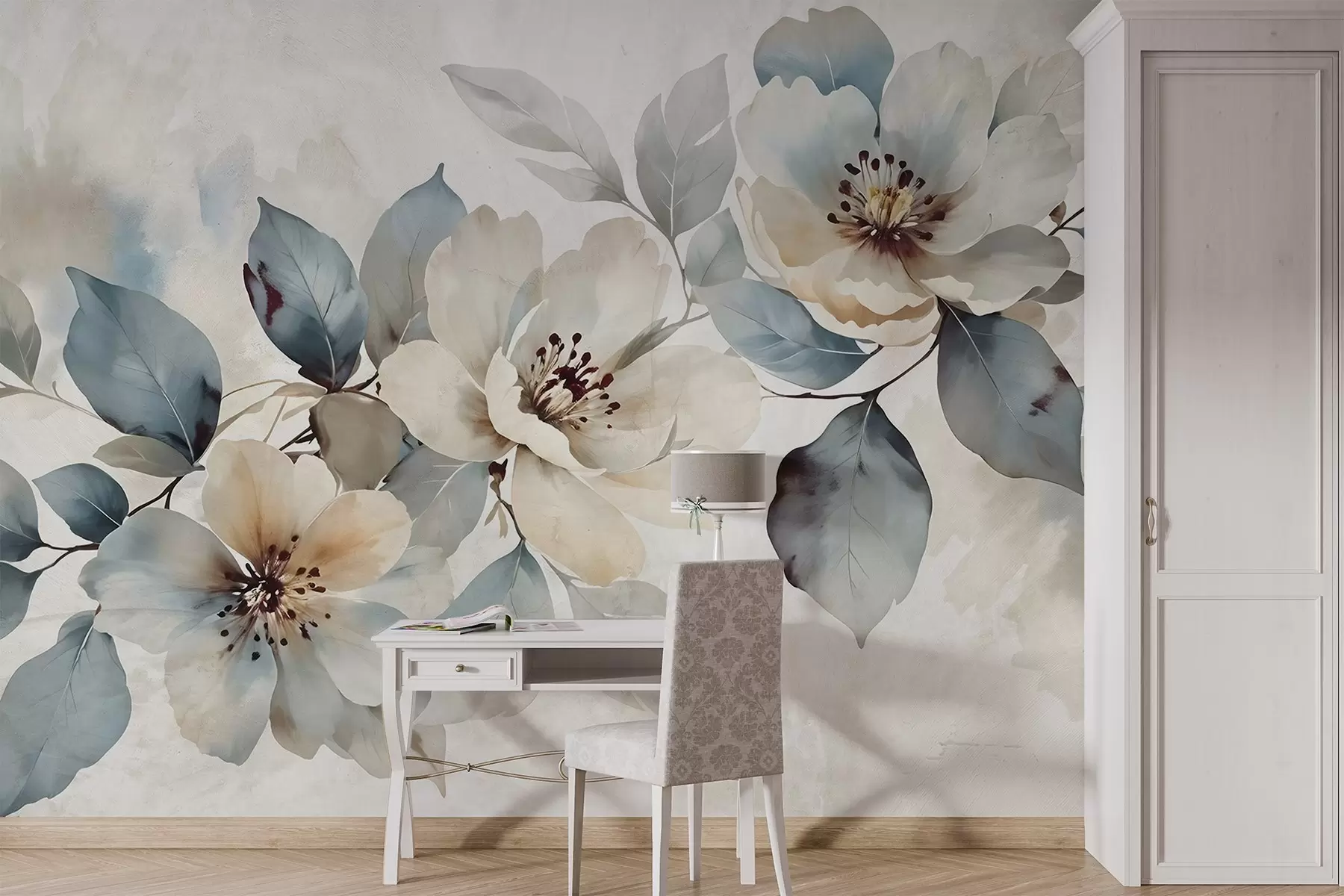 peintures murales Arrangement floral blanc et bleu délicatement texturé à l'aquarelle, avec des pétales et des centres doux w08401