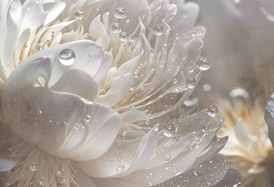 murales Primer plano de una flor de peonía beige con gotas de agua en sus delicados pétalos, creando una atmósfera suave w08402