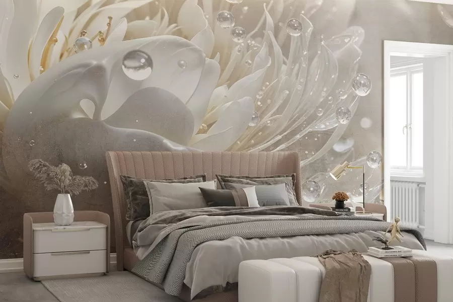 Wall Mural Photo Wallpaper A close-up of a beige peony flower with water droplets on its delicate petals, creating a soft atmosphere w08402