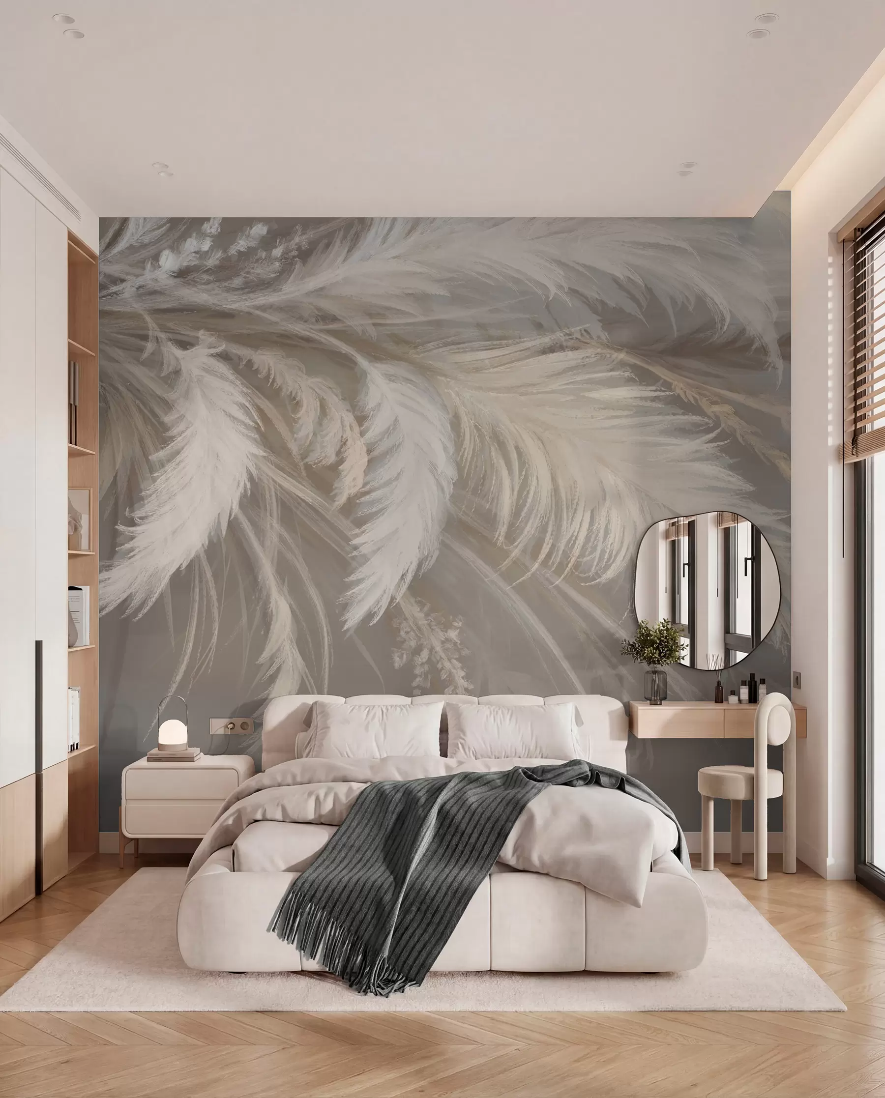 peintures murales Plumes blanches douces et duveteuses et fleurs séchées sur un fond beige pastel neutre w08403