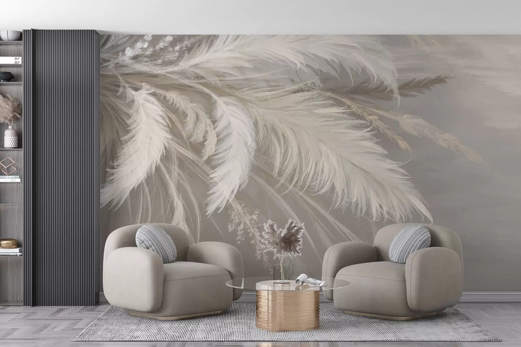 wall murals Soft, fluffy white feathers and dried flowers against a neutral pastel beige background w08403