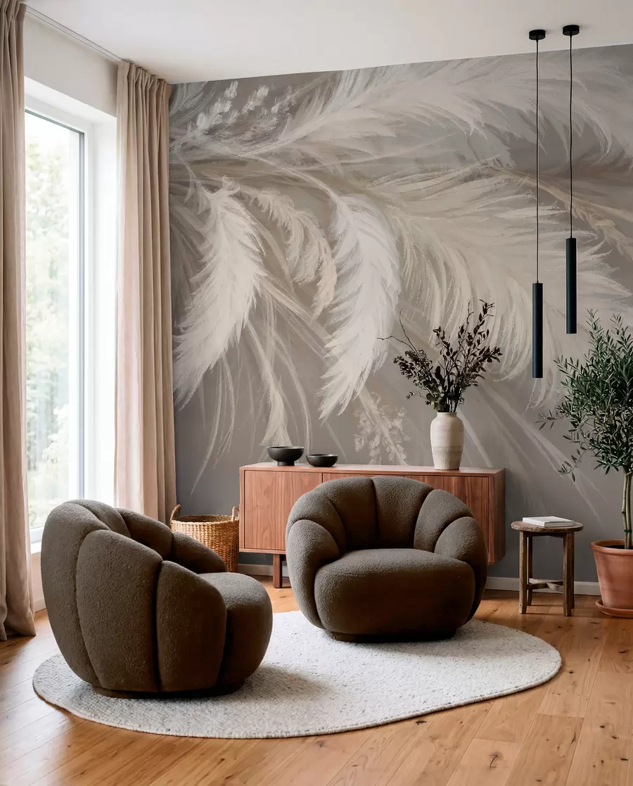 Wall Mural Photo Wallpaper Soft, fluffy white feathers and dried flowers against a neutral pastel beige background w08403